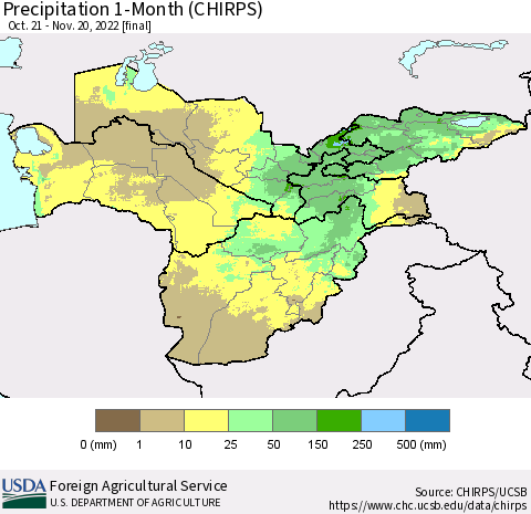 Central Asia Precipitation 1-Month (CHIRPS) Thematic Map For 10/21/2022 - 11/20/2022