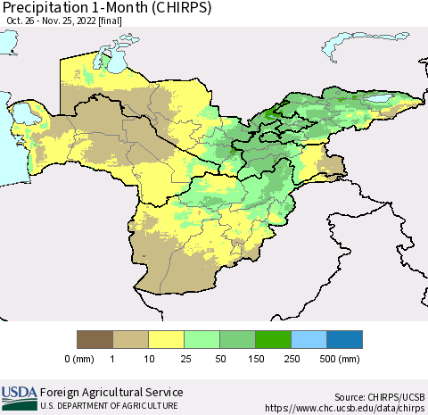 Central Asia Precipitation 1-Month (CHIRPS) Thematic Map For 10/26/2022 - 11/25/2022