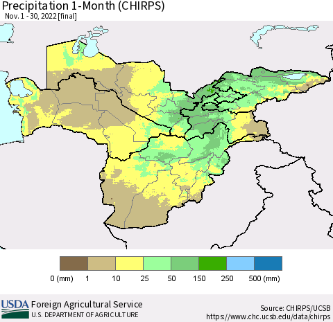Central Asia Precipitation 1-Month (CHIRPS) Thematic Map For 11/1/2022 - 11/30/2022