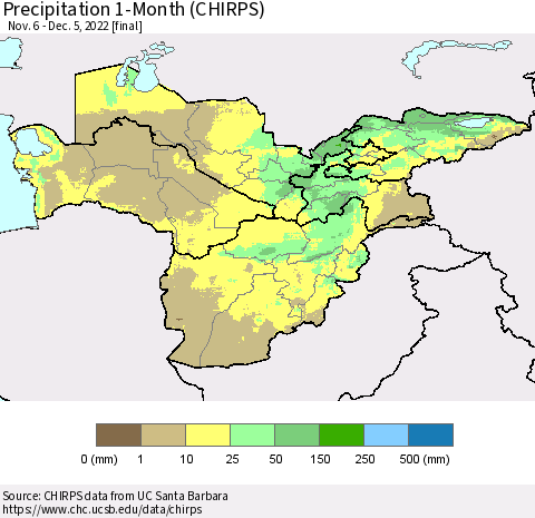 Central Asia Precipitation 1-Month (CHIRPS) Thematic Map For 11/6/2022 - 12/5/2022