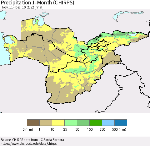 Central Asia Precipitation 1-Month (CHIRPS) Thematic Map For 11/11/2022 - 12/10/2022