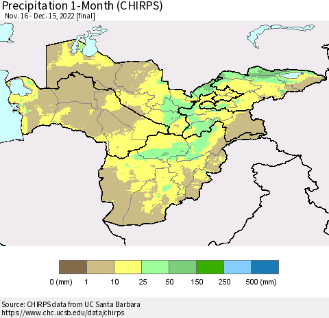 Central Asia Precipitation 1-Month (CHIRPS) Thematic Map For 11/16/2022 - 12/15/2022