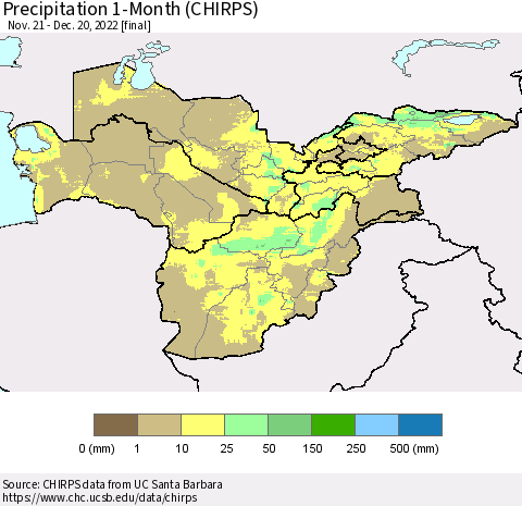 Central Asia Precipitation 1-Month (CHIRPS) Thematic Map For 11/21/2022 - 12/20/2022