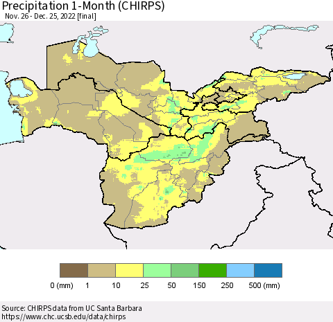 Central Asia Precipitation 1-Month (CHIRPS) Thematic Map For 11/26/2022 - 12/25/2022