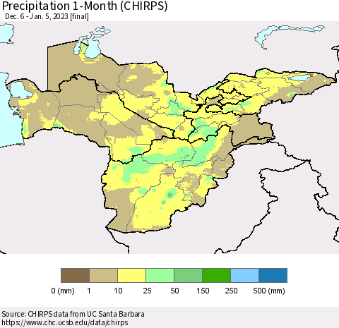 Central Asia Precipitation 1-Month (CHIRPS) Thematic Map For 12/6/2022 - 1/5/2023