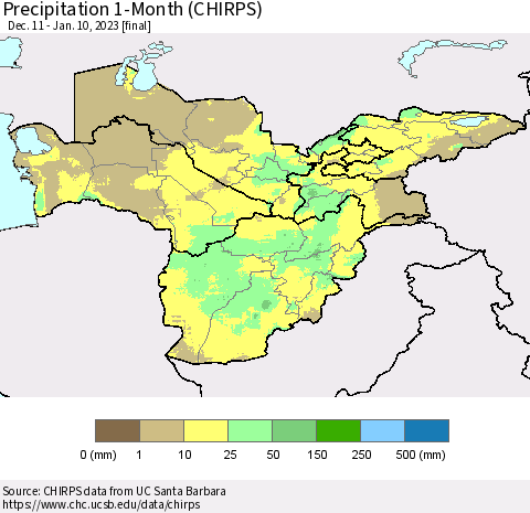 Central Asia Precipitation 1-Month (CHIRPS) Thematic Map For 12/11/2022 - 1/10/2023