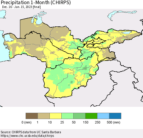 Central Asia Precipitation 1-Month (CHIRPS) Thematic Map For 12/16/2022 - 1/15/2023