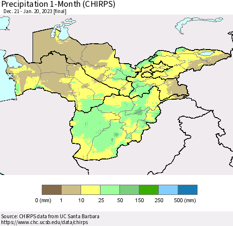 Central Asia Precipitation 1-Month (CHIRPS) Thematic Map For 12/21/2022 - 1/20/2023