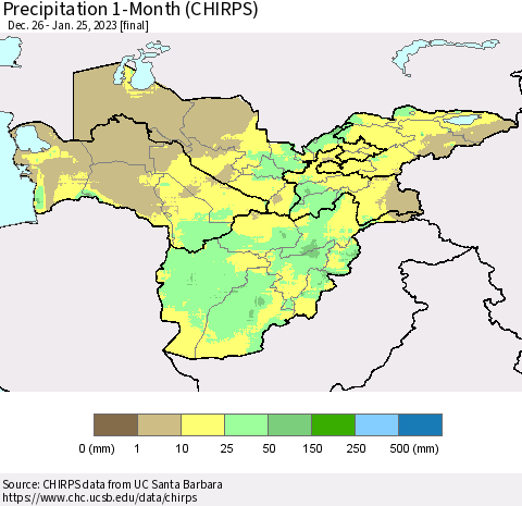 Central Asia Precipitation 1-Month (CHIRPS) Thematic Map For 12/26/2022 - 1/25/2023