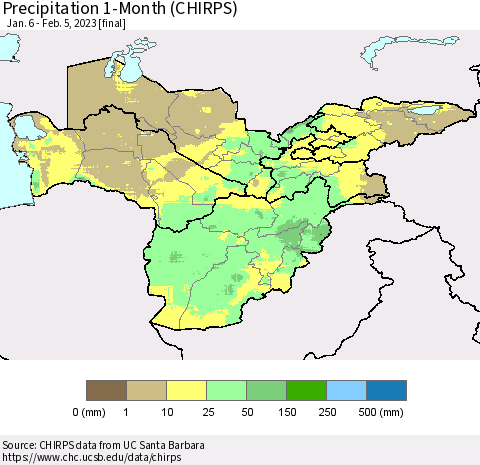 Central Asia Precipitation 1-Month (CHIRPS) Thematic Map For 1/6/2023 - 2/5/2023