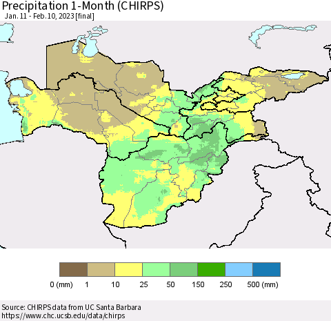 Central Asia Precipitation 1-Month (CHIRPS) Thematic Map For 1/11/2023 - 2/10/2023