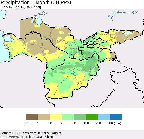 Central Asia Precipitation 1-Month (CHIRPS) Thematic Map For 1/16/2023 - 2/15/2023
