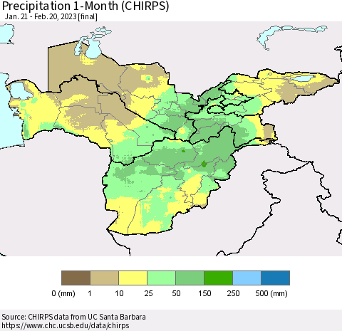 Central Asia Precipitation 1-Month (CHIRPS) Thematic Map For 1/21/2023 - 2/20/2023