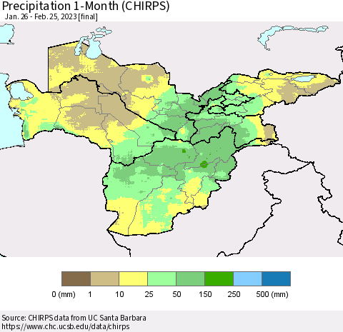 Central Asia Precipitation 1-Month (CHIRPS) Thematic Map For 1/26/2023 - 2/25/2023