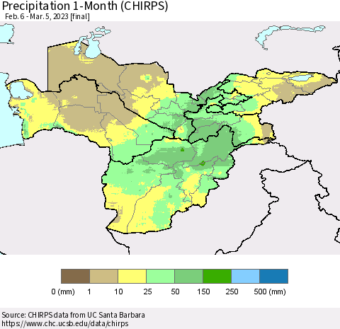 Central Asia Precipitation 1-Month (CHIRPS) Thematic Map For 2/6/2023 - 3/5/2023