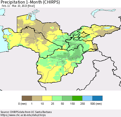 Central Asia Precipitation 1-Month (CHIRPS) Thematic Map For 2/11/2023 - 3/10/2023