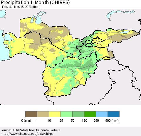 Central Asia Precipitation 1-Month (CHIRPS) Thematic Map For 2/16/2023 - 3/15/2023