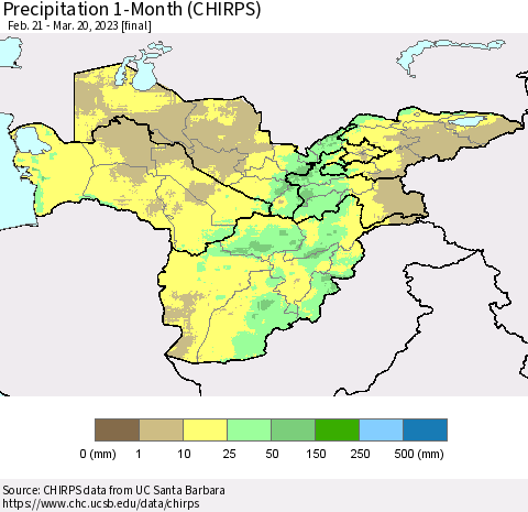 Central Asia Precipitation 1-Month (CHIRPS) Thematic Map For 2/21/2023 - 3/20/2023