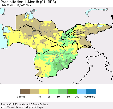 Central Asia Precipitation 1-Month (CHIRPS) Thematic Map For 2/26/2023 - 3/25/2023