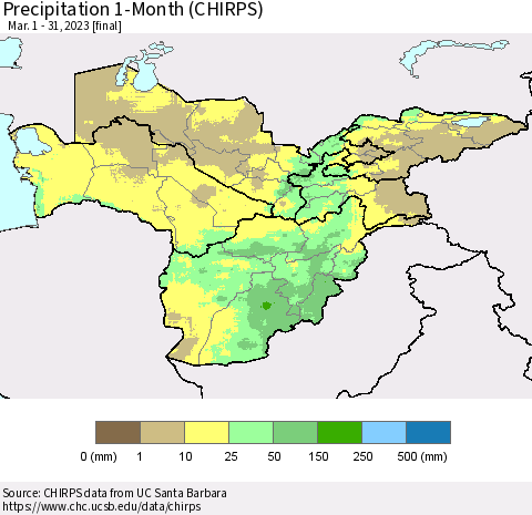Central Asia Precipitation 1-Month (CHIRPS) Thematic Map For 3/1/2023 - 3/31/2023