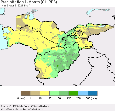 Central Asia Precipitation 1-Month (CHIRPS) Thematic Map For 3/6/2023 - 4/5/2023