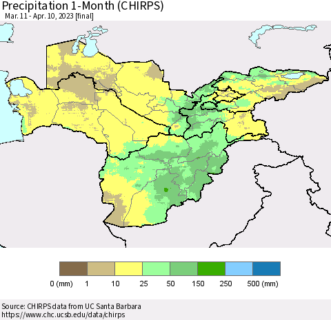 Central Asia Precipitation 1-Month (CHIRPS) Thematic Map For 3/11/2023 - 4/10/2023