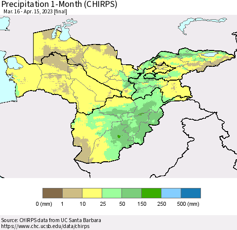 Central Asia Precipitation 1-Month (CHIRPS) Thematic Map For 3/16/2023 - 4/15/2023
