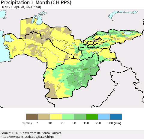 Central Asia Precipitation 1-Month (CHIRPS) Thematic Map For 3/21/2023 - 4/20/2023