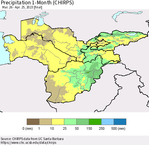 Central Asia Precipitation 1-Month (CHIRPS) Thematic Map For 3/26/2023 - 4/25/2023