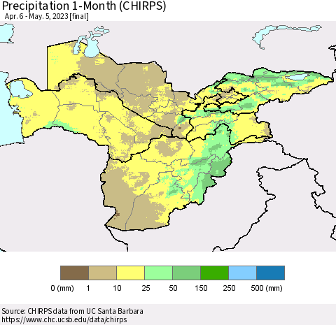 Central Asia Precipitation 1-Month (CHIRPS) Thematic Map For 4/6/2023 - 5/5/2023