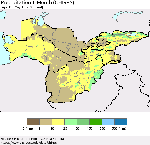 Central Asia Precipitation 1-Month (CHIRPS) Thematic Map For 4/11/2023 - 5/10/2023
