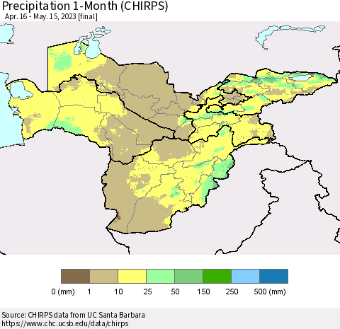 Central Asia Precipitation 1-Month (CHIRPS) Thematic Map For 4/16/2023 - 5/15/2023