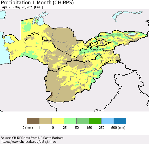 Central Asia Precipitation 1-Month (CHIRPS) Thematic Map For 4/21/2023 - 5/20/2023
