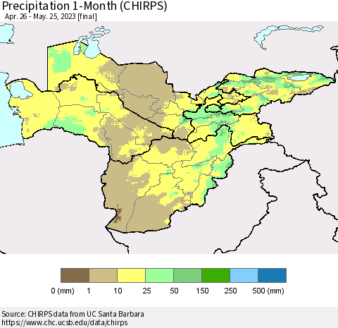 Central Asia Precipitation 1-Month (CHIRPS) Thematic Map For 4/26/2023 - 5/25/2023