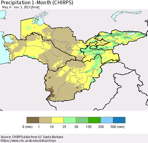 Central Asia Precipitation 1-Month (CHIRPS) Thematic Map For 5/6/2023 - 6/5/2023
