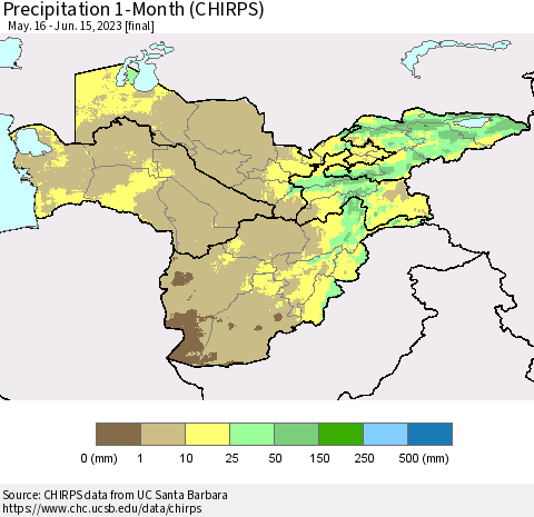 Central Asia Precipitation 1-Month (CHIRPS) Thematic Map For 5/16/2023 - 6/15/2023