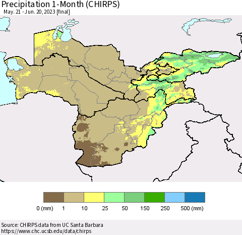 Central Asia Precipitation 1-Month (CHIRPS) Thematic Map For 5/21/2023 - 6/20/2023