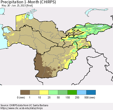 Central Asia Precipitation 1-Month (CHIRPS) Thematic Map For 5/26/2023 - 6/25/2023