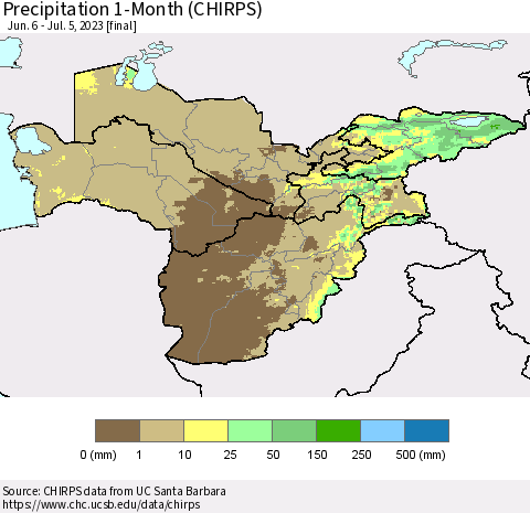 Central Asia Precipitation 1-Month (CHIRPS) Thematic Map For 6/6/2023 - 7/5/2023