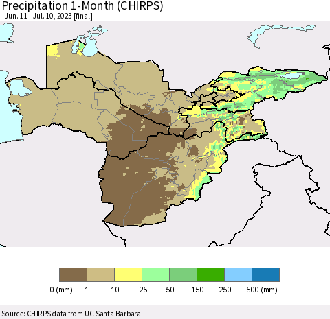 Central Asia Precipitation 1-Month (CHIRPS) Thematic Map For 6/11/2023 - 7/10/2023