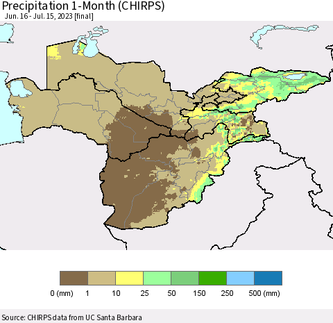 Central Asia Precipitation 1-Month (CHIRPS) Thematic Map For 6/16/2023 - 7/15/2023