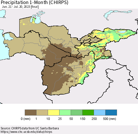 Central Asia Precipitation 1-Month (CHIRPS) Thematic Map For 6/21/2023 - 7/20/2023