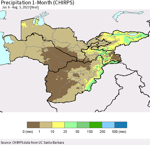 Central Asia Precipitation 1-Month (CHIRPS) Thematic Map For 7/6/2023 - 8/5/2023