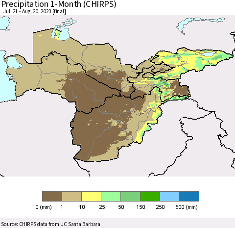 Central Asia Precipitation 1-Month (CHIRPS) Thematic Map For 7/21/2023 - 8/20/2023