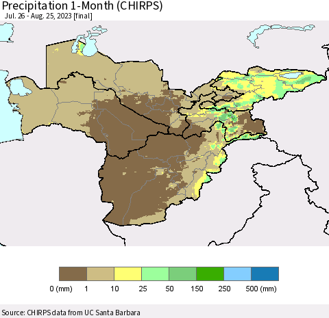 Central Asia Precipitation 1-Month (CHIRPS) Thematic Map For 7/26/2023 - 8/25/2023