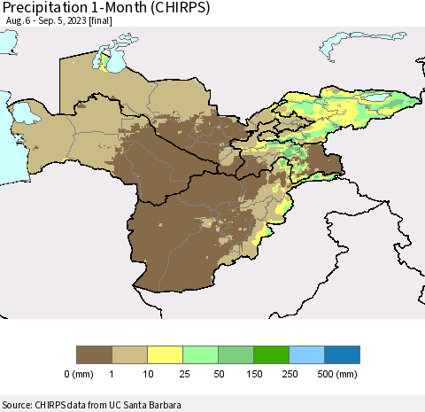 Central Asia Precipitation 1-Month (CHIRPS) Thematic Map For 8/6/2023 - 9/5/2023