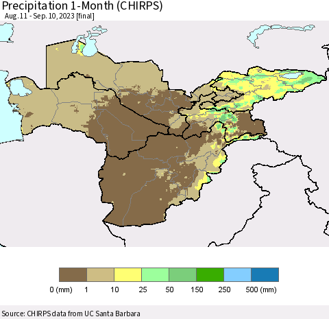 Central Asia Precipitation 1-Month (CHIRPS) Thematic Map For 8/11/2023 - 9/10/2023