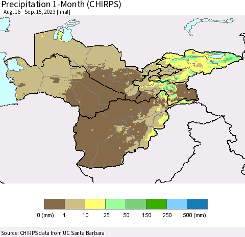Central Asia Precipitation 1-Month (CHIRPS) Thematic Map For 8/16/2023 - 9/15/2023