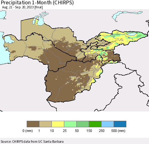 Central Asia Precipitation 1-Month (CHIRPS) Thematic Map For 8/21/2023 - 9/20/2023