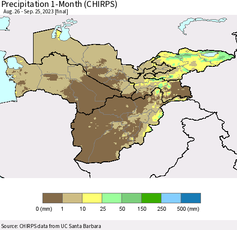 Central Asia Precipitation 1-Month (CHIRPS) Thematic Map For 8/26/2023 - 9/25/2023